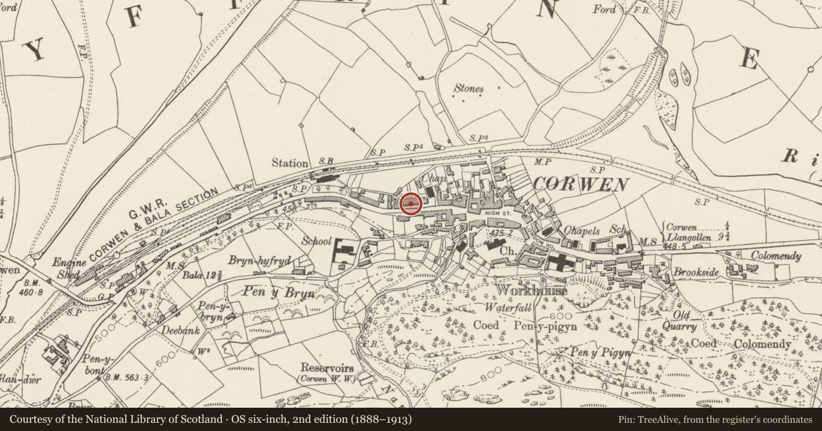 Ordnance Survey six-inch map, 2nd edition (1888–1913) covering the location of The Terrace, Corwen, Denbighshire, with a pin at the register's coordinates