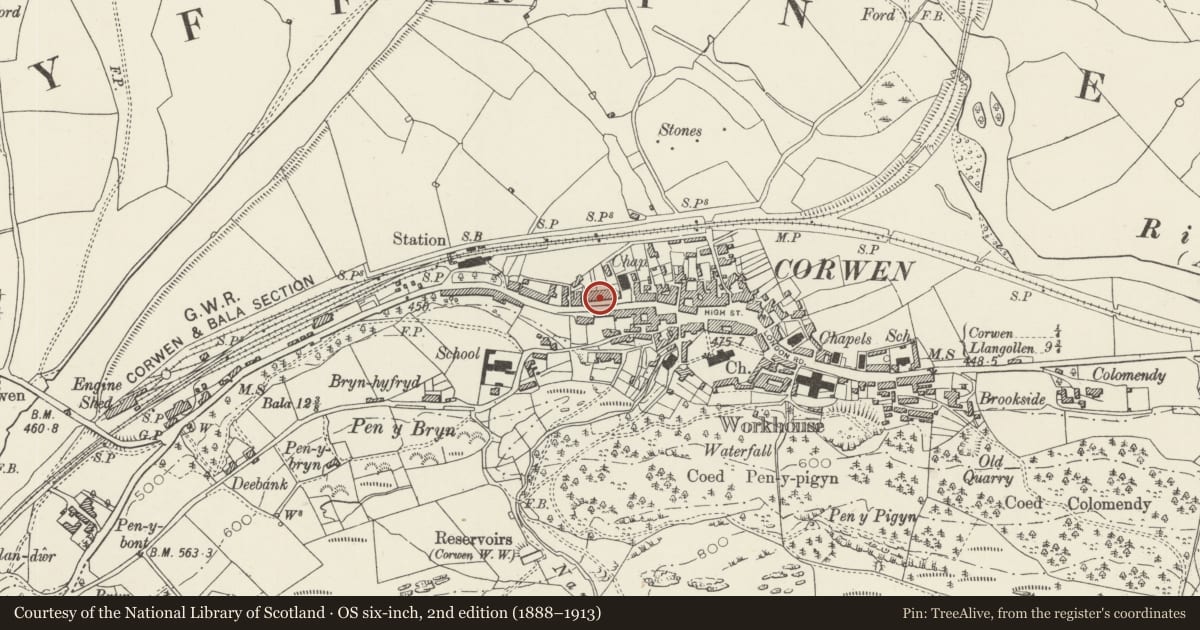Ordnance Survey six-inch map, 2nd edition (1888–1913) covering the location of The Terrace, Corwen, Denbighshire, with a pin at the register's coordinates