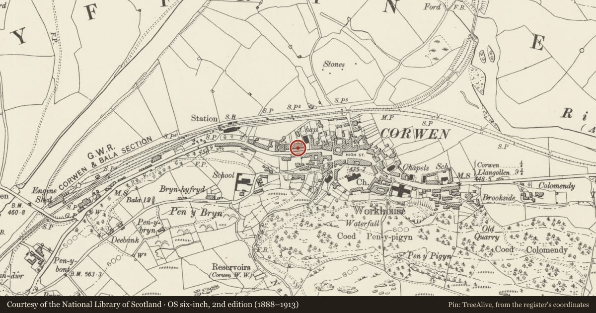 Ordnance Survey six-inch map, 2nd edition (1888–1913) covering the location of The Terrece, Corwen, Denbighshire, with a pin at the register's coordinates