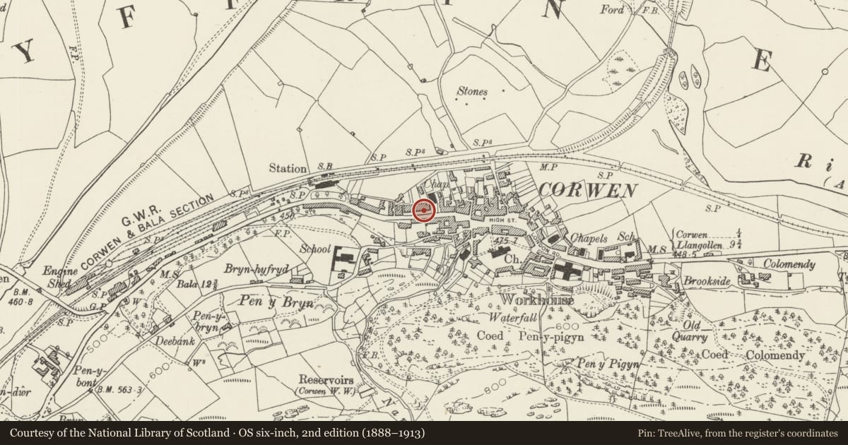 Ordnance Survey six-inch map, 2nd edition (1888–1913) covering the location of The Terrece, Corwen, Denbighshire, with a pin at the register's coordinates