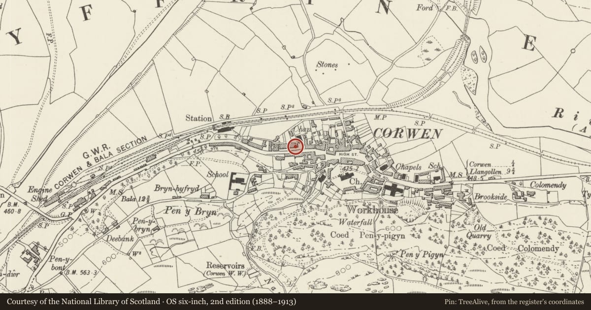Ordnance Survey six-inch map, 2nd edition (1888–1913) covering the location of The Terrece, Corwen, Denbighshire, with a pin at the register's coordinates