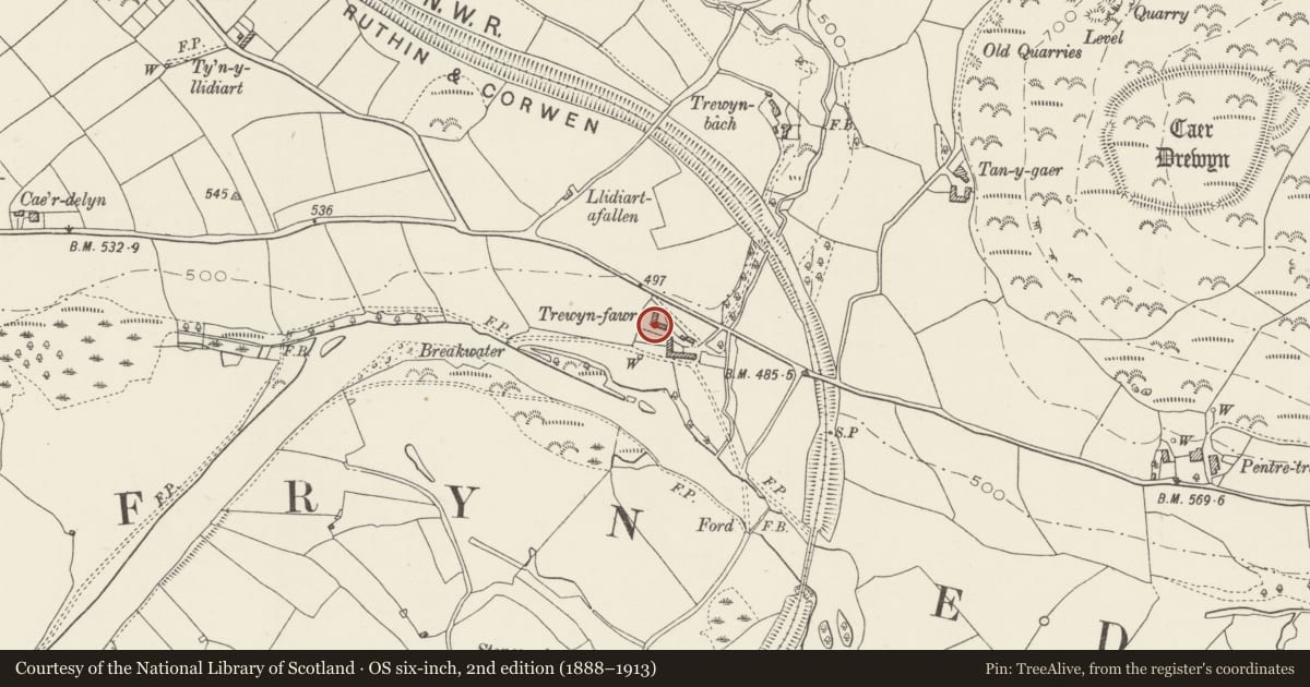 Ordnance Survey six-inch map, 2nd edition (1888–1913) covering the location of Trewyn Fawr Farmhouse, Corwen, Denbighshire, with a pin at the register's coordinates