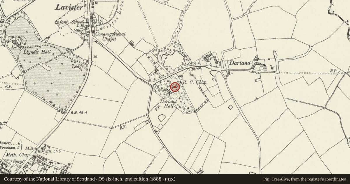 Ordnance Survey six-inch map, 2nd edition (1888–1913) covering the location of Darland Hall, Rossett, Wrexham, with a pin at the register's coordinates