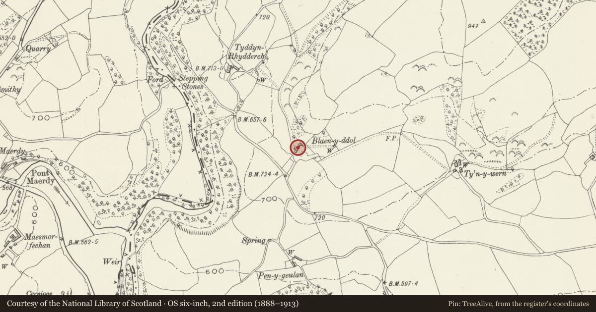 Ordnance Survey six-inch map, 2nd edition (1888–1913) covering the location of Attached former Farmbuildings to Blaenddol House, Corwen, Denbighshire, with a pin at the register's coordinates