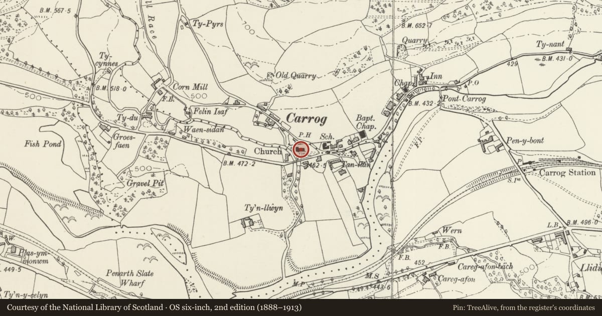Ordnance Survey six-inch map, 2nd edition (1888–1913) covering the location of Church of St Bridget, Corwen, Denbighshire, with a pin at the register's coordinates