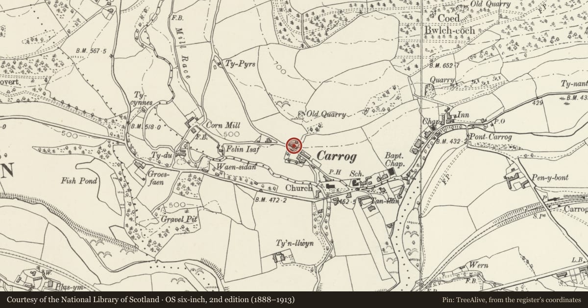 Ordnance Survey six-inch map, 2nd edition (1888–1913) covering the location of Llan Farmhouse, Corwen, Denbighshire, with a pin at the register's coordinates