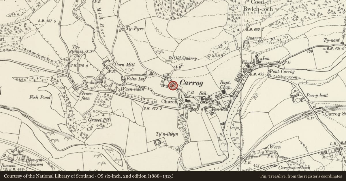 Ordnance Survey six-inch map, 2nd edition (1888–1913) covering the location of Farmbuildings at Llan Farm, Corwen, Denbighshire, with a pin at the register's coordinates