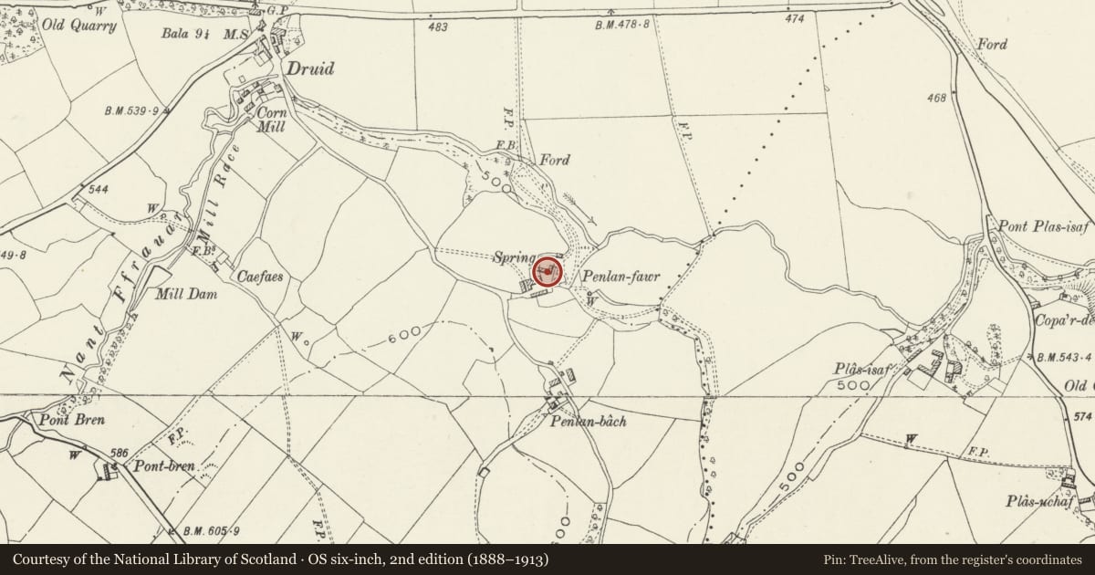 Ordnance Survey six-inch map, 2nd edition (1888–1913) covering the location of Penlan Fawr, Corwen, Denbighshire, with a pin at the register's coordinates