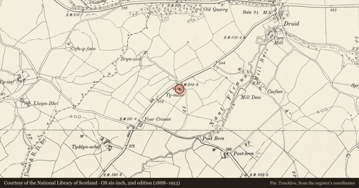 Ordnance Survey six-inch map, 2nd edition (1888–1913) covering the location of Ty Mawr, Corwen, Denbighshire, with a pin at the register's coordinates