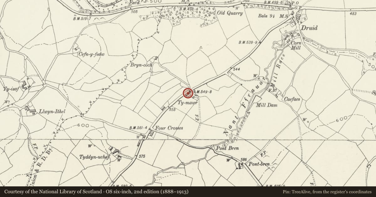 Ordnance Survey six-inch map, 2nd edition (1888–1913) covering the location of Barn at Ty Mawr, Corwen, Denbighshire, with a pin at the register's coordinates