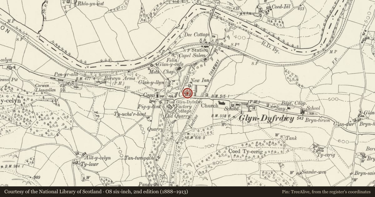 Ordnance Survey six-inch map, 2nd edition (1888–1913) covering the location of Barn and Shoppon at New Inn Farm, Corwen, Denbighshire, with a pin at the register's coordinates
