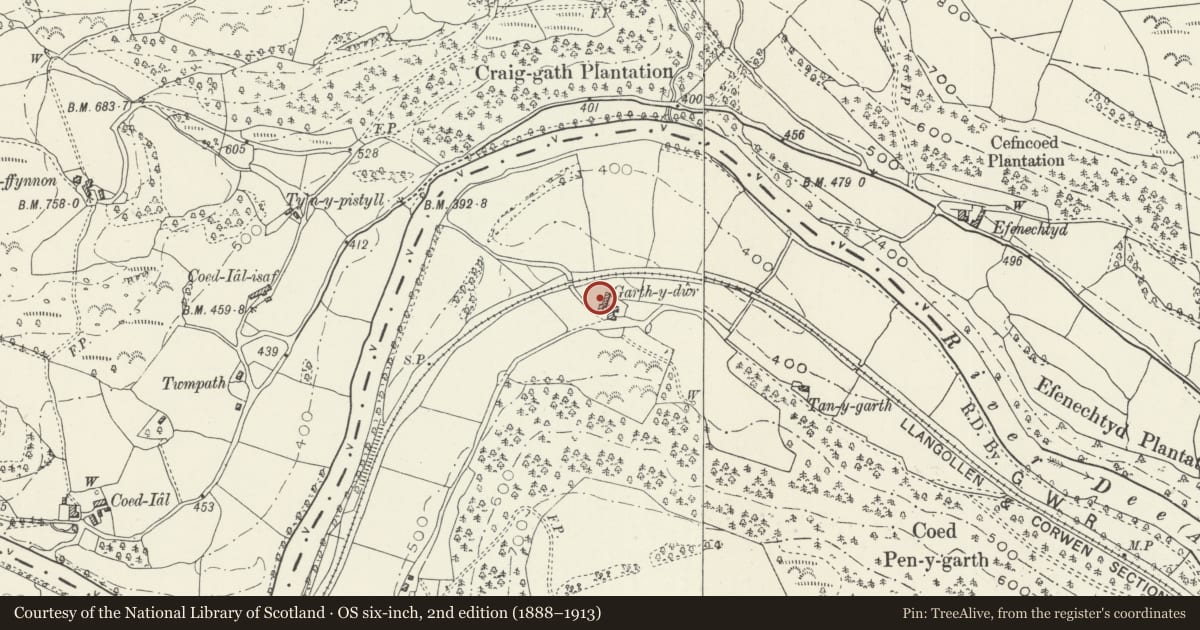 Ordnance Survey six-inch map, 2nd edition (1888–1913) covering the location of The Cottage, Garthydwr, Corwen, Denbighshire, with a pin at the register's coordinates