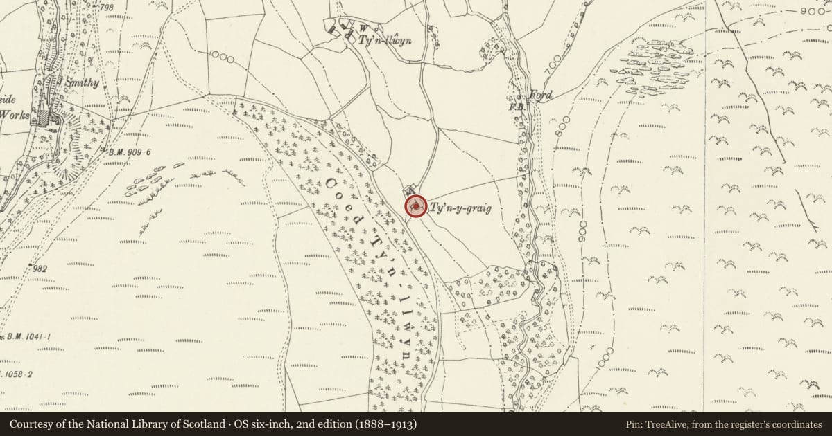 Ordnance Survey six-inch map, 2nd edition (1888–1913) covering the location of Tyn-y-Graig, Corwen, Denbighshire, with a pin at the register's coordinates