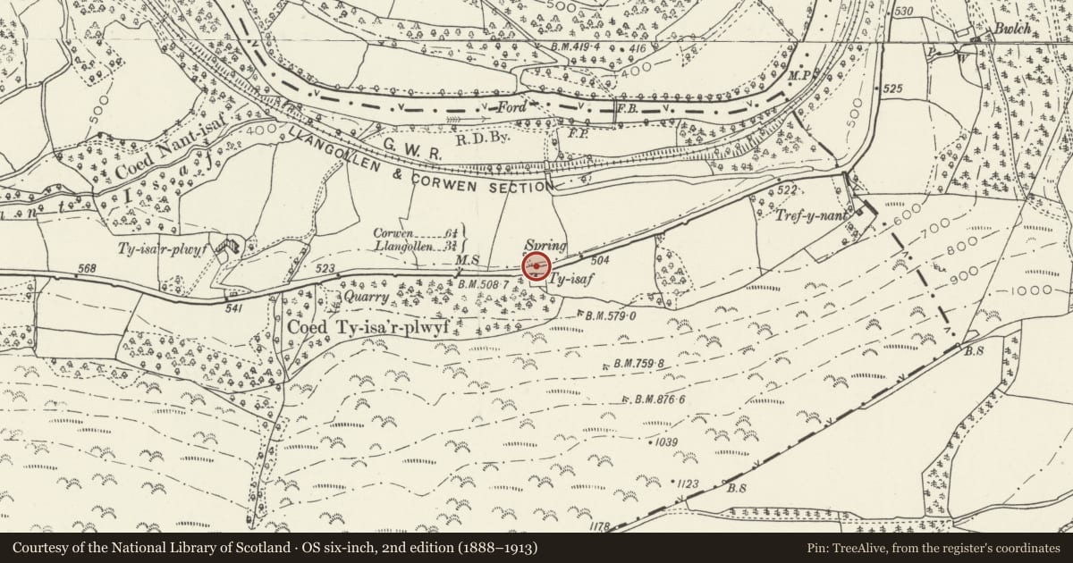 Ordnance Survey six-inch map, 2nd edition (1888–1913) covering the location of Former Weigh-House, Corwen, Denbighshire, with a pin at the register's coordinates