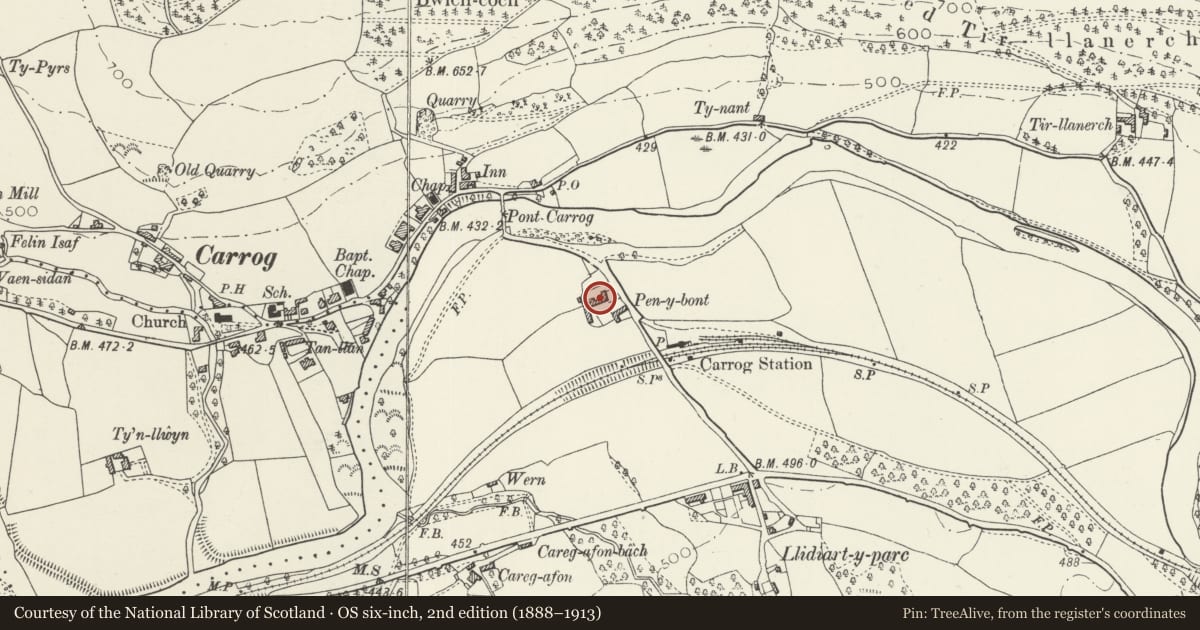 Ordnance Survey six-inch map, 2nd edition (1888–1913) covering the location of Pen-y-Bont Farmhouse, Corwen, Denbighshire, with a pin at the register's coordinates