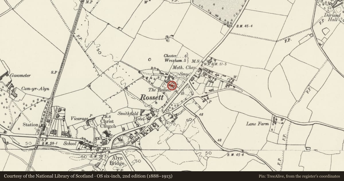 Ordnance Survey six-inch map, 2nd edition (1888–1913) covering the location of Rossett Hall Hotel, Wrexham, with a pin at the register's coordinates
