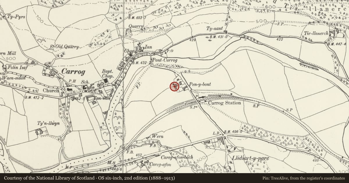 Ordnance Survey six-inch map, 2nd edition (1888–1913) covering the location of Attached Farmbuildings to Pen-y-Bont Farmhouse, Corwen, Denbighshire, with a pin at the register's coordinates