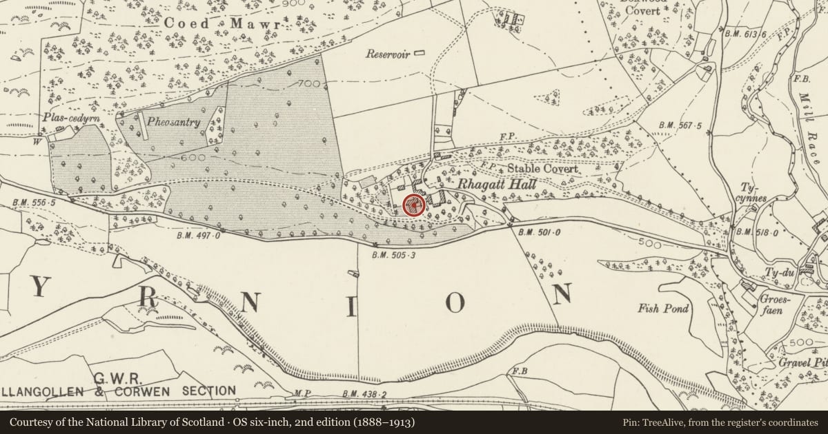 Ordnance Survey six-inch map, 2nd edition (1888–1913) covering the location of Rhagatt Hall, Corwen, Denbighshire, with a pin at the register's coordinates