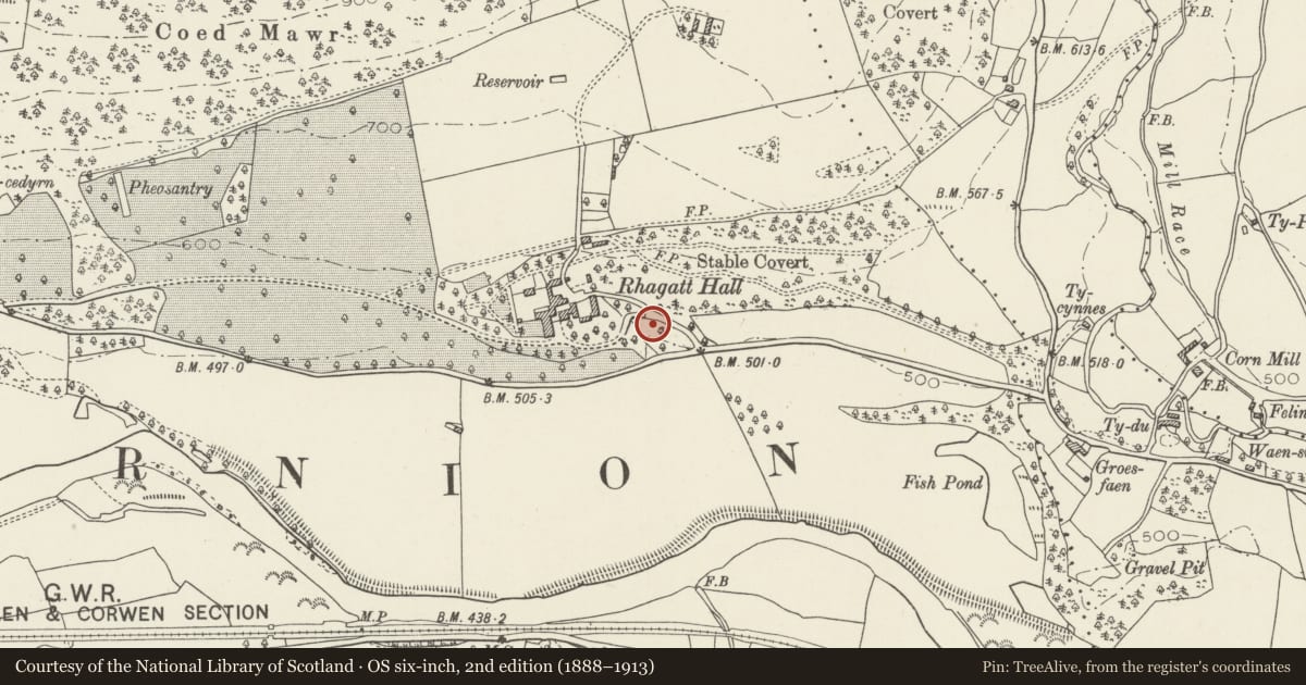 Ordnance Survey six-inch map, 2nd edition (1888–1913) covering the location of Ice House in grounds of Rhagatt Hall, Corwen, Denbighshire, with a pin at the register's coordinates