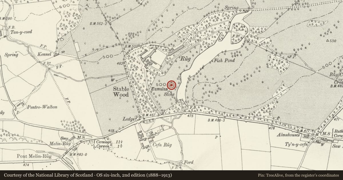 Ordnance Survey six-inch map, 2nd edition (1888–1913) covering the location of Ice House in the grounds at Rug, Corwen, Denbighshire, with a pin at the register's coordinates