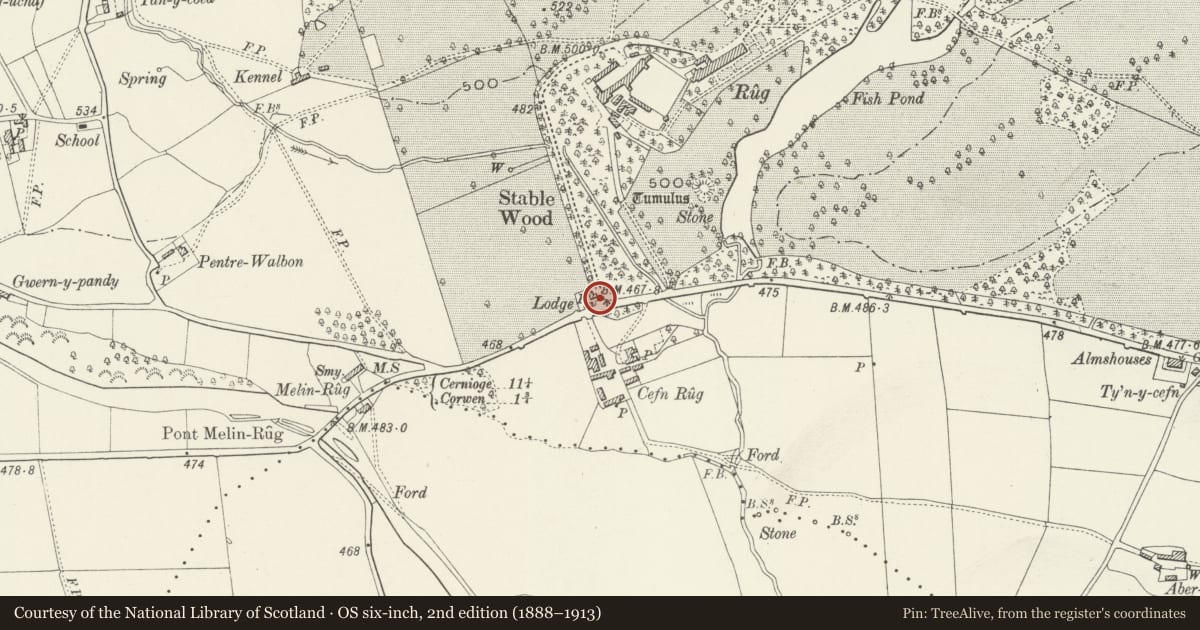 Ordnance Survey six-inch map, 2nd edition (1888–1913) covering the location of Entrance Gates at Rug, Corwen, Denbighshire, with a pin at the register's coordinates