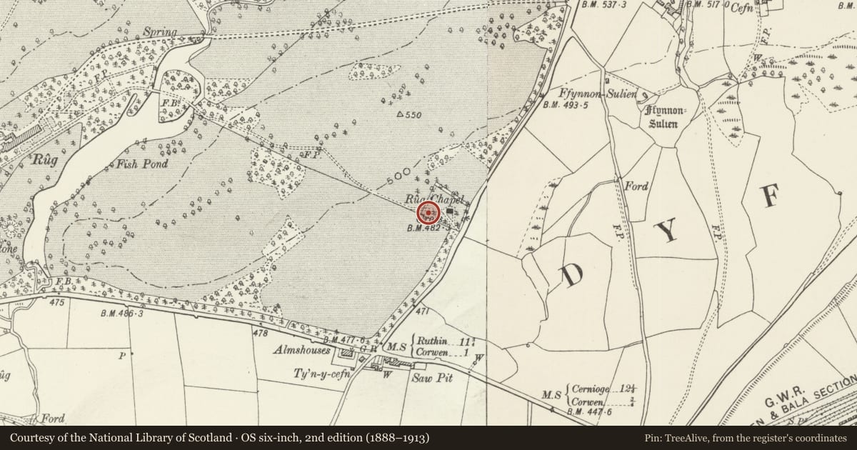 Ordnance Survey six-inch map, 2nd edition (1888–1913) covering the location of Churchyard Cross at Rug Chapel, Corwen, Denbighshire, with a pin at the register's coordinates