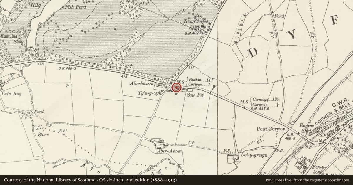 Ordnance Survey six-inch map, 2nd edition (1888–1913) covering the location of Pentre Gwyn, Corwen, Denbighshire, with a pin at the register's coordinates