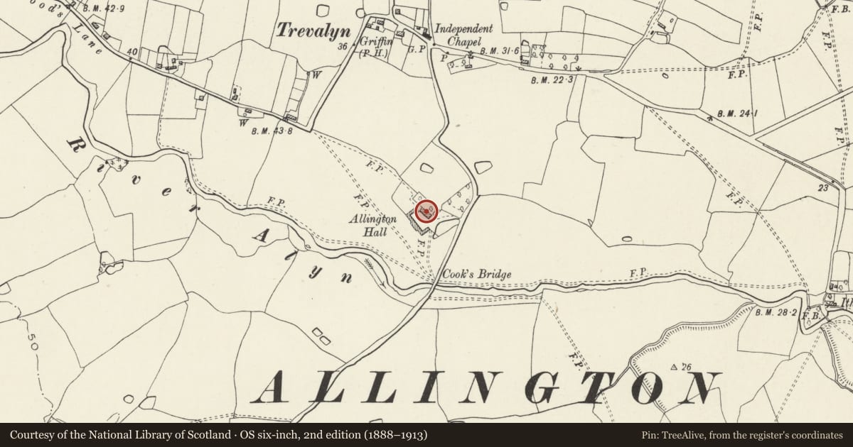 Ordnance Survey six-inch map, 2nd edition (1888–1913) covering the location of Cooksbridge Farmhouse, Rossett, Wrexham, with a pin at the register's coordinates