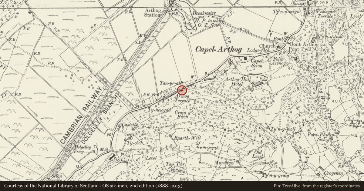 Ordnance Survey six-inch map, 2nd edition (1888–1913) covering the location of 1 Arthog Terrace, Gwynedd, with a pin at the register's coordinates