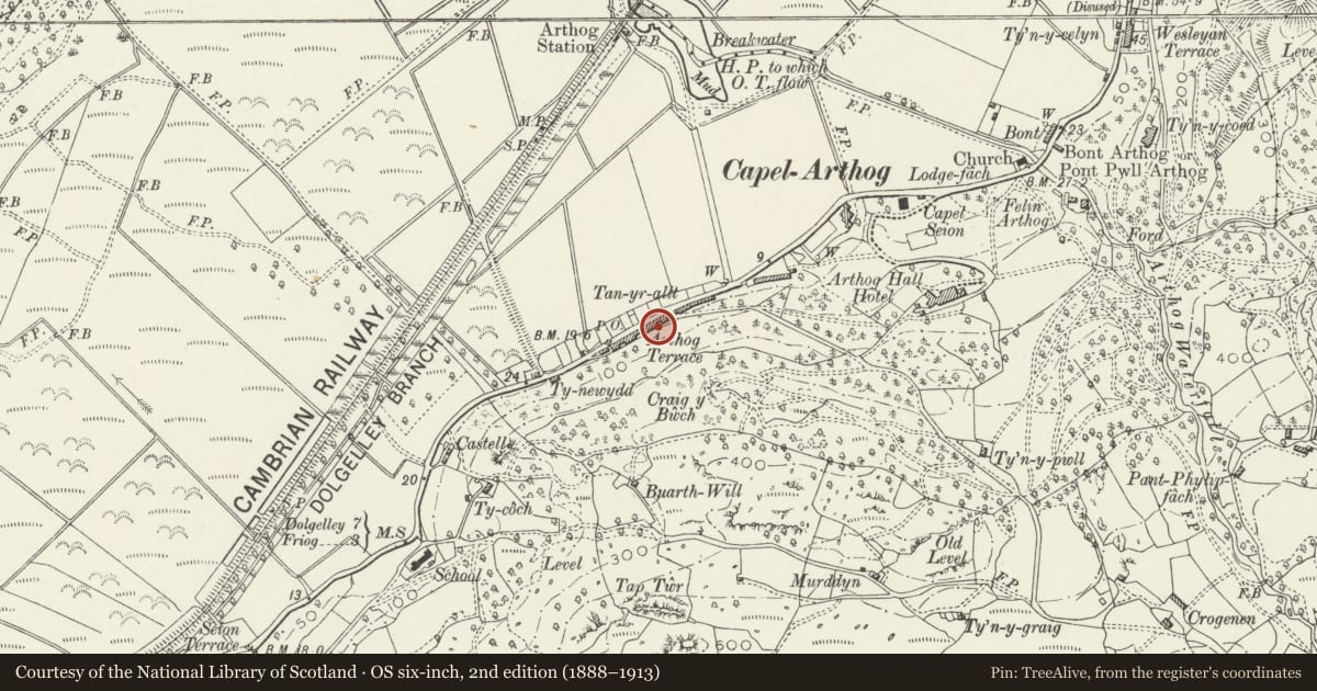 Ordnance Survey six-inch map, 2nd edition (1888–1913) covering the location of 4 Arthog Terrace, Gwynedd, with a pin at the register's coordinates