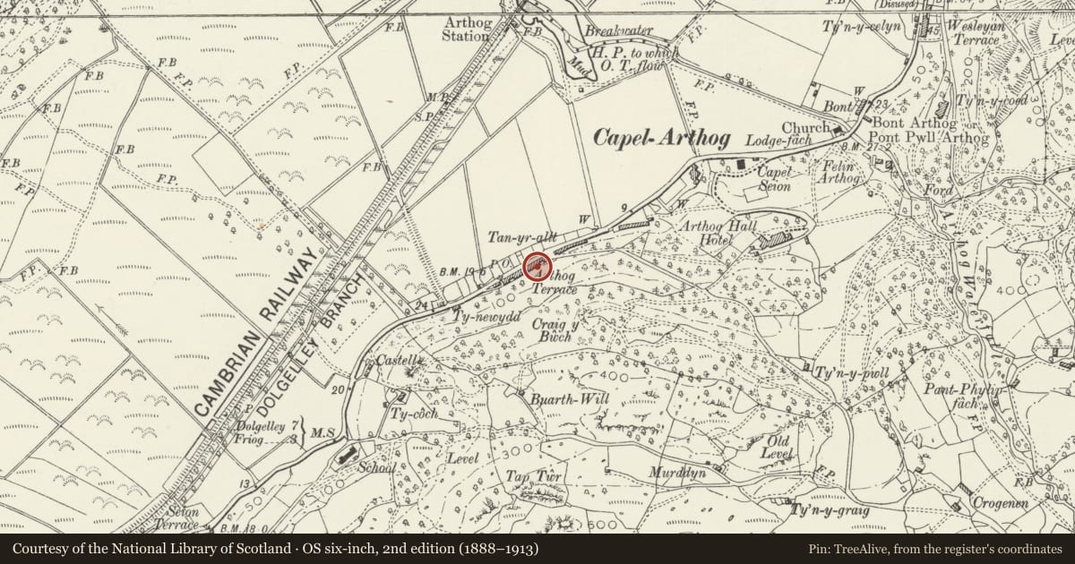 Ordnance Survey six-inch map, 2nd edition (1888–1913) covering the location of 5 Arthog Terrace, Gwynedd, with a pin at the register's coordinates