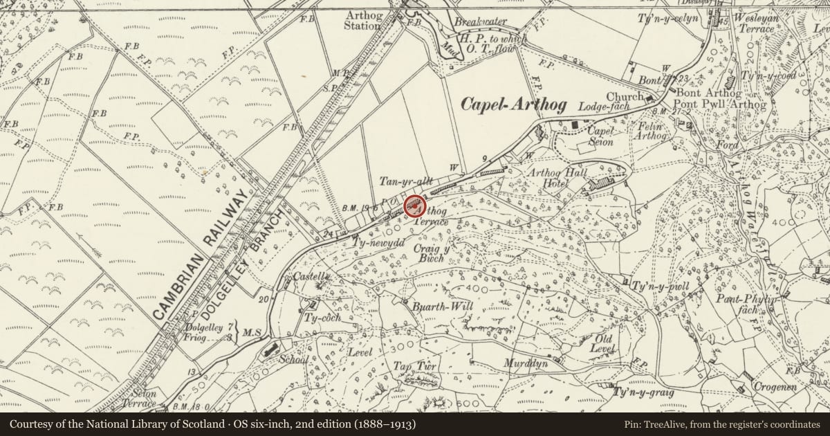 Ordnance Survey six-inch map, 2nd edition (1888–1913) covering the location of 6 Arthog Terrace, Gwynedd, with a pin at the register's coordinates