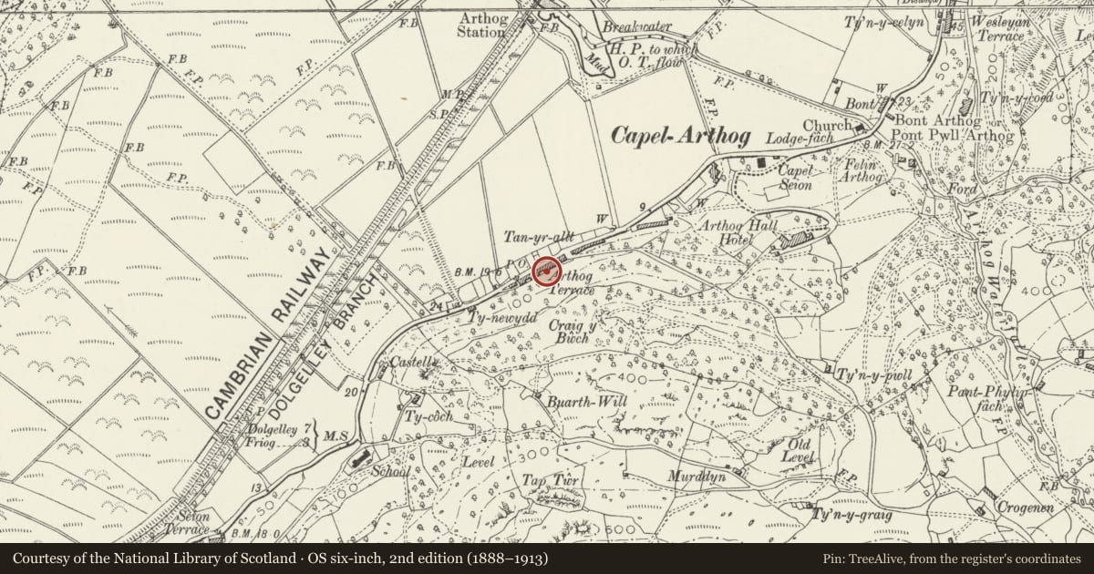 Ordnance Survey six-inch map, 2nd edition (1888–1913) covering the location of 7 Arthog Terrace, Gwynedd, with a pin at the register's coordinates
