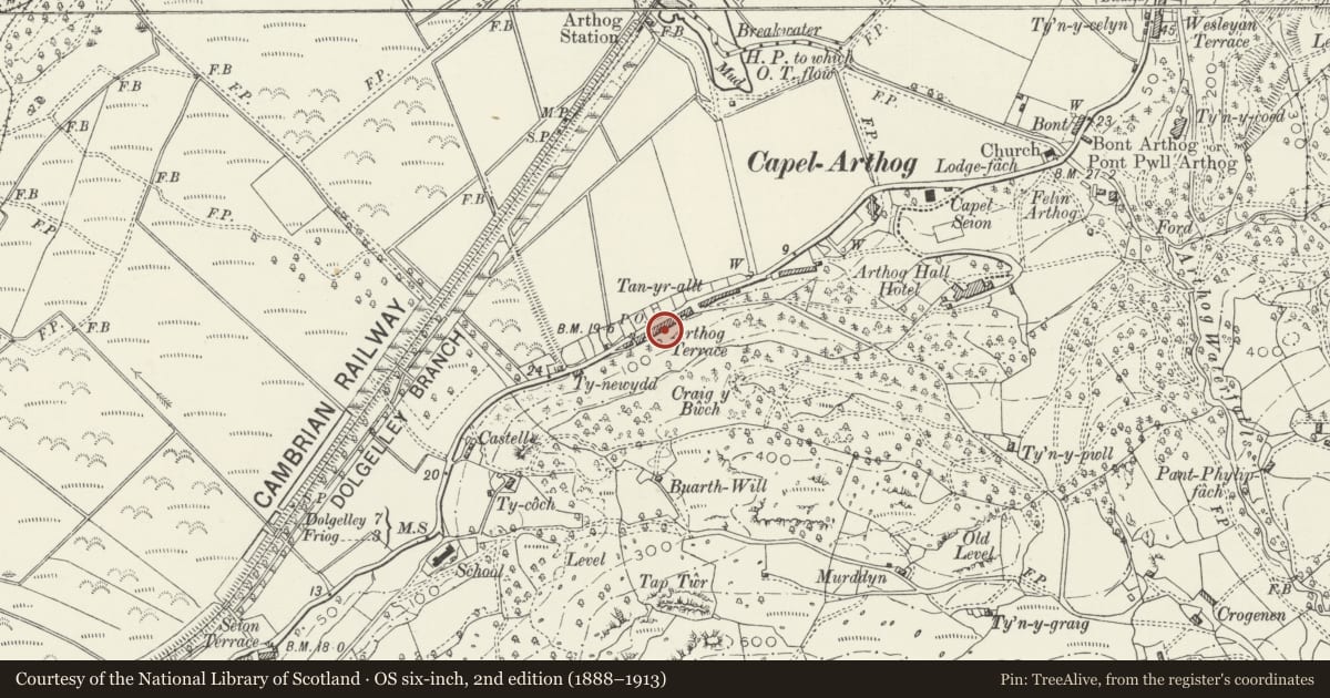 Ordnance Survey six-inch map, 2nd edition (1888–1913) covering the location of 8 Arthog Terrace, Gwynedd, with a pin at the register's coordinates
