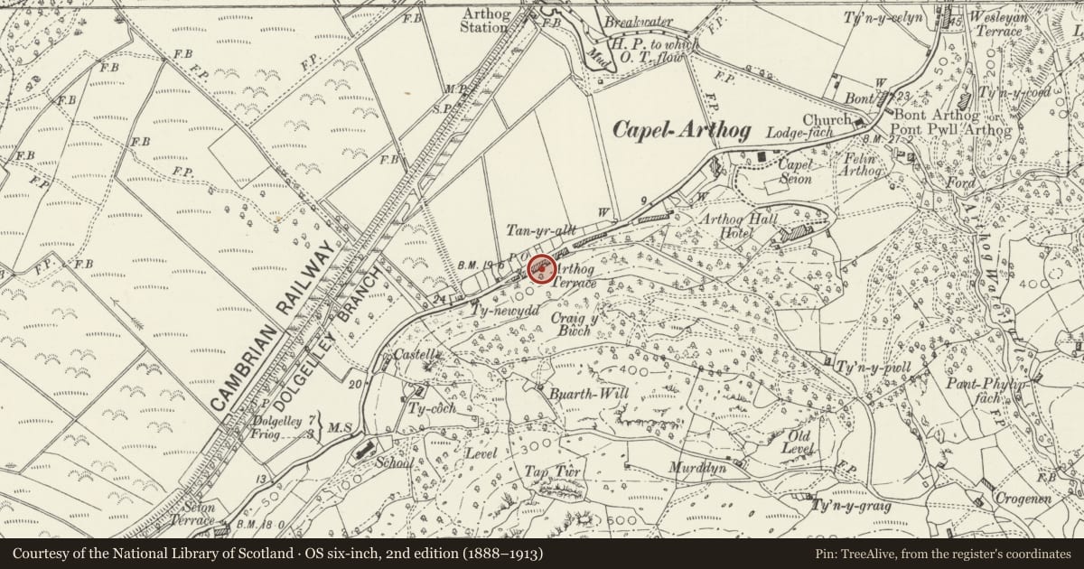Ordnance Survey six-inch map, 2nd edition (1888–1913) covering the location of 9 Arthog Terrace, Gwynedd, with a pin at the register's coordinates