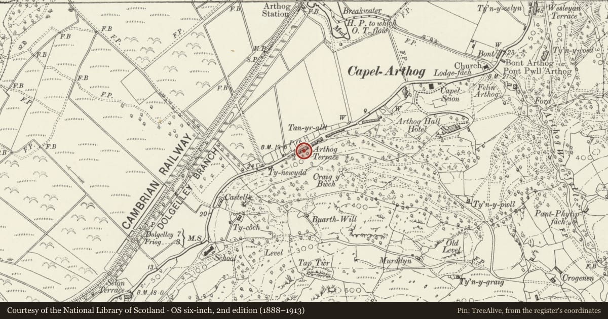 Ordnance Survey six-inch map, 2nd edition (1888–1913) covering the location of 11 Arthog Terrace, Gwynedd, with a pin at the register's coordinates