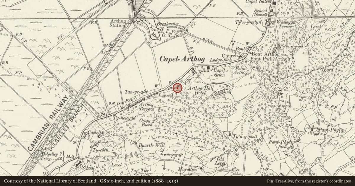 Ordnance Survey six-inch map, 2nd edition (1888–1913) covering the location of Agricultural Range at Arthog Hall Farm, Gwynedd, with a pin at the register's coordinates
