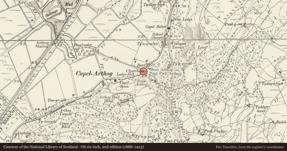 Ordnance Survey six-inch map, 2nd edition (1888–1913) covering the location of St Catherine's Church, Arthog, Gwynedd, with a pin at the register's coordinates