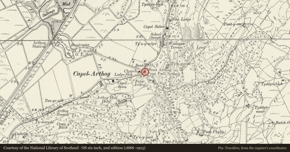 Ordnance Survey six-inch map, 2nd edition (1888–1913) covering the location of Bont Arthog (also known as Pont Pwll-Arthog), Gwynedd, with a pin at the register's coordinates