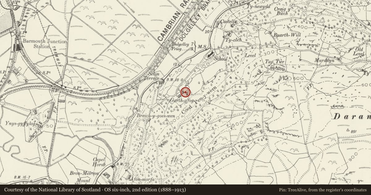 Ordnance Survey six-inch map, 2nd edition (1888–1913) covering the location of Garth y Fog Former Farmhouse, Arthog, Gwynedd, with a pin at the register's coordinates