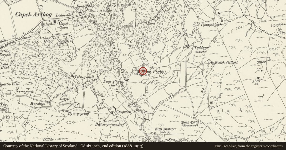 Ordnance Survey six-inch map, 2nd edition (1888–1913) covering the location of Pant-Phylip Farmhouse, Arthog, Gwynedd, with a pin at the register's coordinates