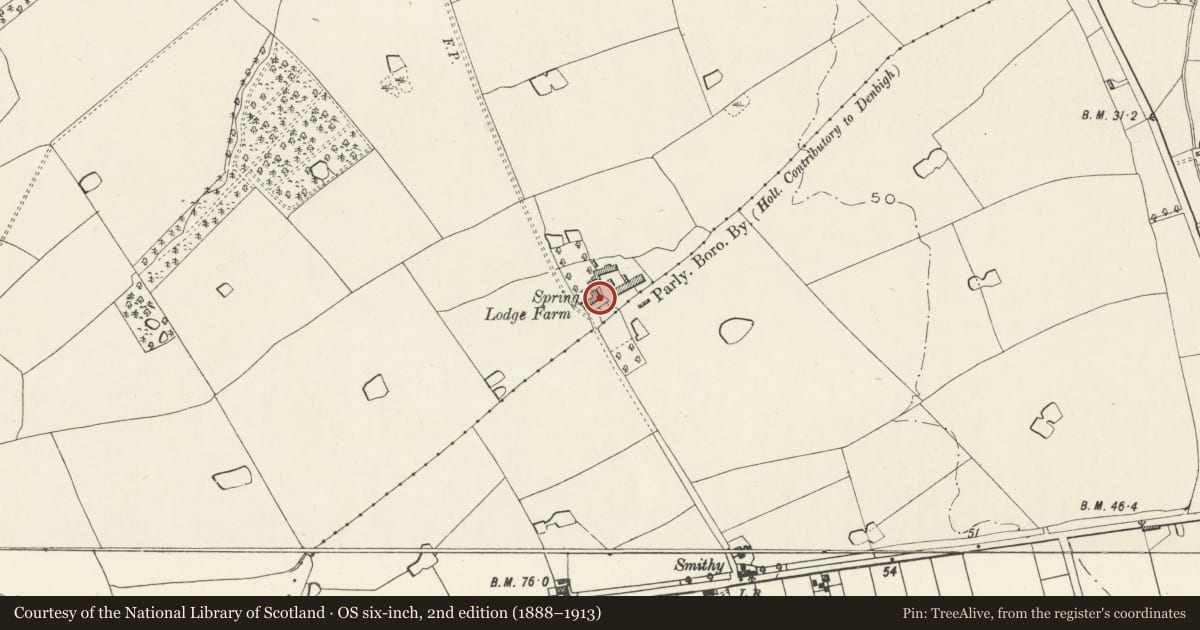 Ordnance Survey six-inch map, 2nd edition (1888–1913) covering the location of Lodge Farmhouse, Rossett, Wrexham, with a pin at the register's coordinates