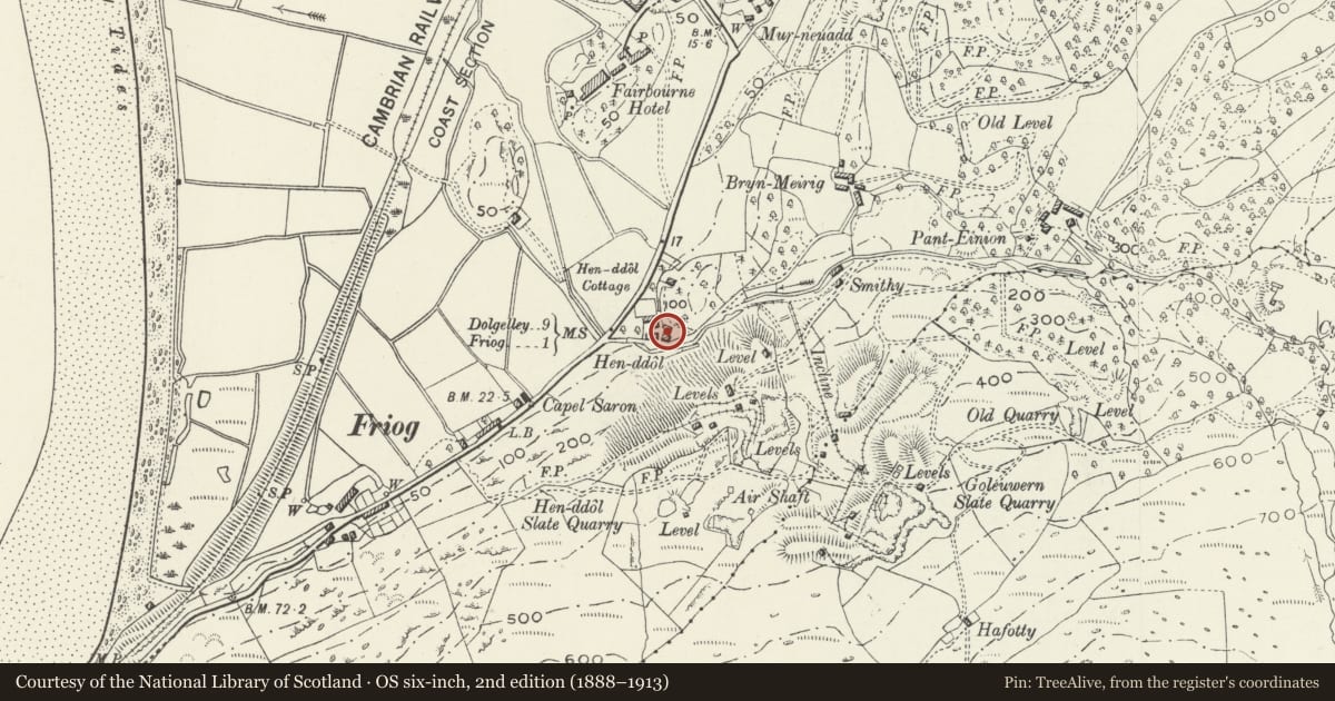 Ordnance Survey six-inch map, 2nd edition (1888–1913) covering the location of Hen-Ddol Farmhouse including attached Outbuilding to N Ffordd Henddol, Arthog, Gwynedd, with a pin at the register's coordinates