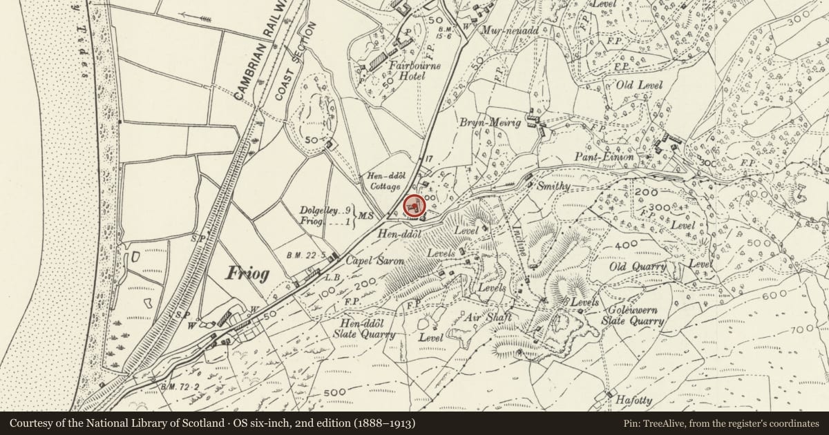 Ordnance Survey six-inch map, 2nd edition (1888–1913) covering the location of L-Shaped Agricultural Range at Hen-Ddol, Arthog, Gwynedd, with a pin at the register's coordinates