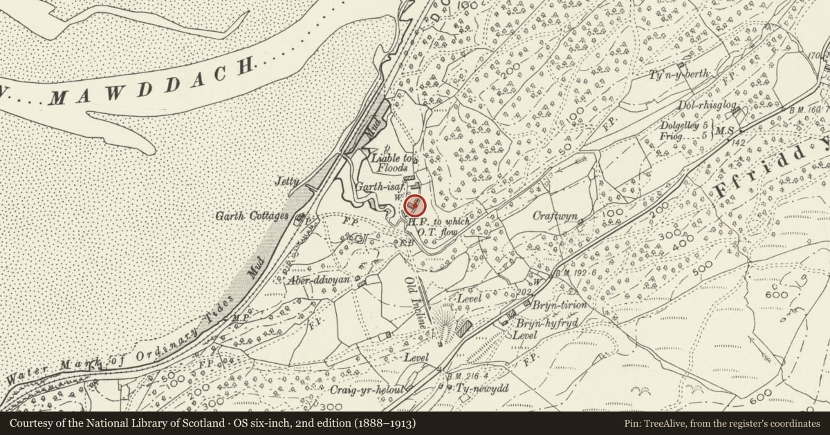 Ordnance Survey six-inch map, 2nd edition (1888–1913) covering the location of Garth Isaf Farmhouse, Arthog, Gwynedd, with a pin at the register's coordinates