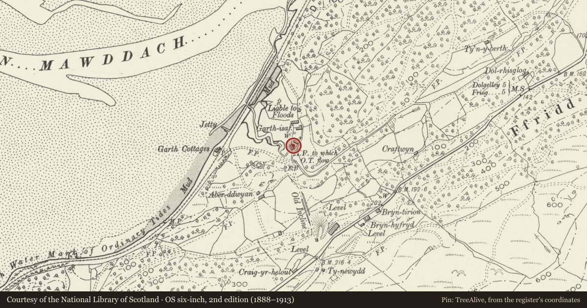 Ordnance Survey six-inch map, 2nd edition (1888–1913) covering the location of Secondary House at Garth Isaf, Arthog, Gwynedd, with a pin at the register's coordinates