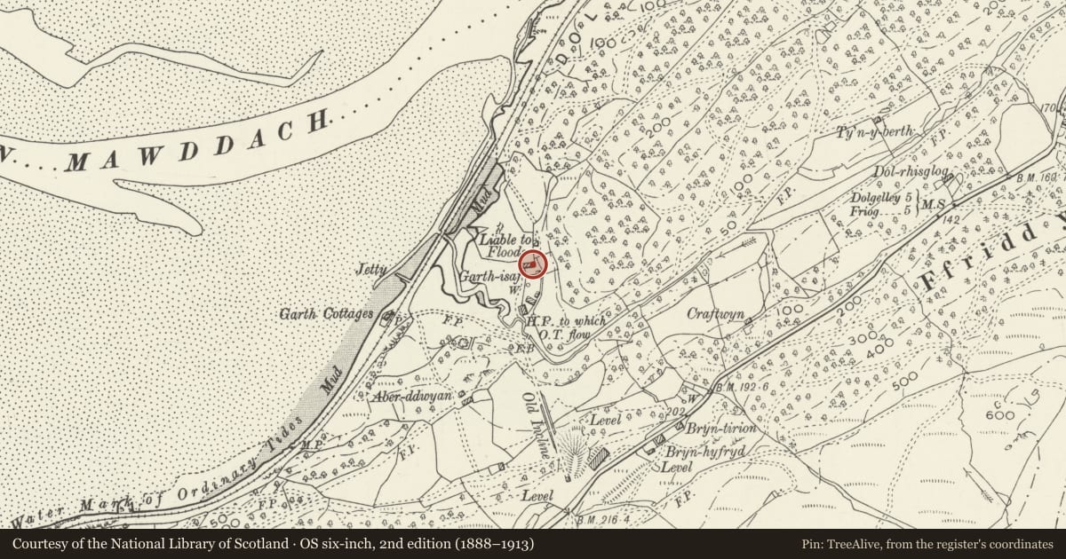 Ordnance Survey six-inch map, 2nd edition (1888–1913) covering the location of Former Barn at Garth Isaf, Arthog, Gwynedd, with a pin at the register's coordinates