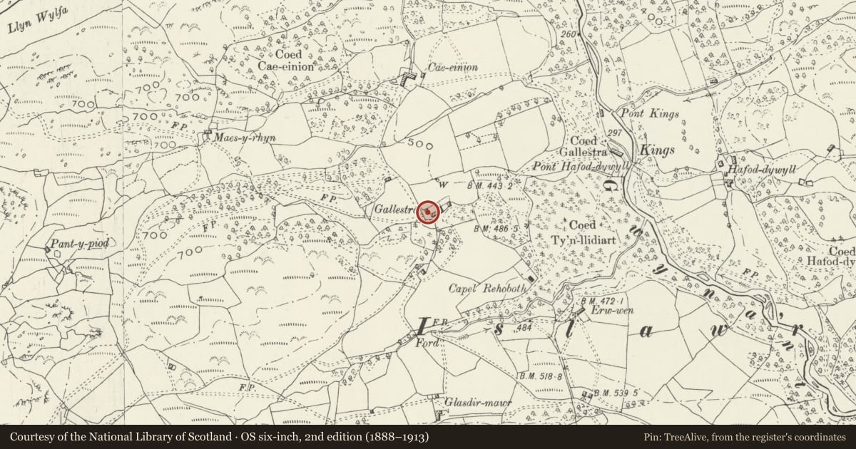 Ordnance Survey six-inch map, 2nd edition (1888–1913) covering the location of Galestra Farmhouse including attached Byre, Arthog, Gwynedd, with a pin at the register's coordinates