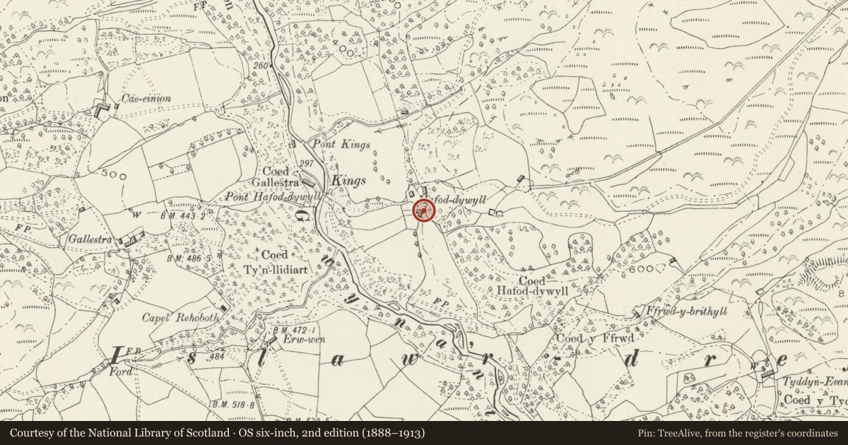 Ordnance Survey six-inch map, 2nd edition (1888–1913) covering the location of Hafod Dywyll Farmhouse, Arthog, Gwynedd, with a pin at the register's coordinates