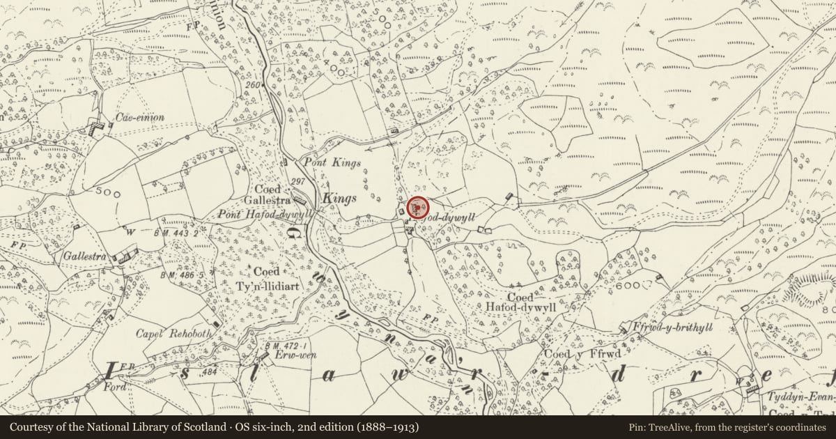 Ordnance Survey six-inch map, 2nd edition (1888–1913) covering the location of Barn at Hafod Dywyll, Arthog, Gwynedd, with a pin at the register's coordinates